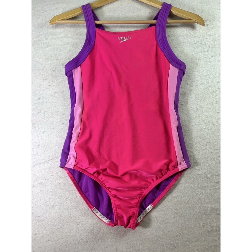 Speedo Youth Girls 1-Piece Swimsuit UPF 50+ Chlorine Resistant Pink Purple XL